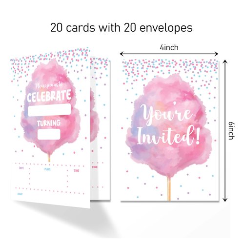 ANYEMW 4x6 Cotton Candy Birthday Invitations, Cotton Candy Party Decorations Favors Supplies, Birthday Invitations Girl, 20 Cards with 20 Envelopes.(72)