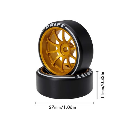 Abendor 10 Spoke Rc Drift Wheels &Tires for 1/24 1/28 Wltoys, [2N+2W] 4 Pcs Aluminum Alloy Rims with Rc Drift Car Tires for 1/24 1/28 Mini-Q HGD1 HGV1 Upgrade Parts (Gold with Logo Tires)