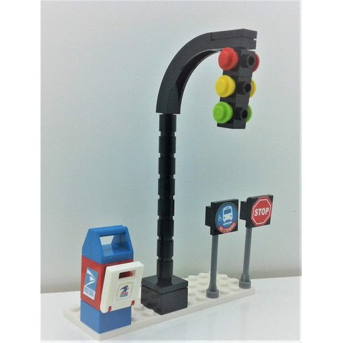 Building Bricks Toys City Town Village Street Main Road Arch Traffic Light, Stop Sign, Bus Stop, Post Box, Road Sign, 4 PCS Playset. for Kids 4+ Plastic