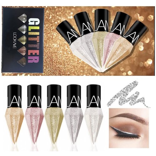 Go Ho Glitter Liquid Eyeliner Colorful Set,5 Colors Metallic Shimmer White Silver Gold Diamond Eye Liner,Glitter Eyeliner Eyeshadow Shine,Waterproof Long Lasting Glow Sparkle Eye Glitter Makeup