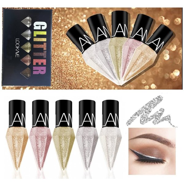 Go Ho Glitter Liquid Eyeliner Colorful Set,5 Colors Metallic Shimmer White Silver Gold Diamond Eye Liner,Glitter Eyeliner Eyeshadow Shine,Waterproof Long Lasting Glow Sparkle Eye Glitter Makeup