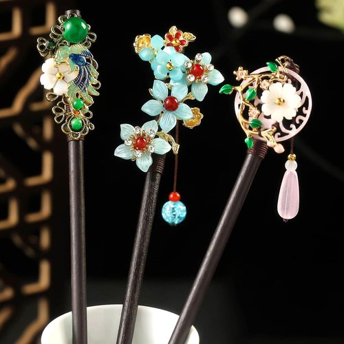 3PCS Hair Stick,Flower Hair Pins For Buns Chinese Hair Sticks For Long Hair Chopsticks For Women Vintage Tassel Wooden Hair Sticks For Buns Retro Floral Hairpin Qipao Hanfu Hair Accessories For Women