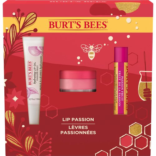 Burt's Bees Christmas Gifts, 3 Lip Care Stocking Stuffers Products, Lip Passion Set - Passionfruit Moisturizing Lip Balm, Overnight Intensive Lip Treatment & Hydrating Lip Oil