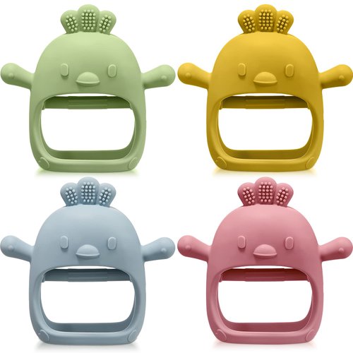 4 Packs Baby Teething Toy Silicone Teething Toys for Babies Over 6 Months Anti Dropping Wrist Hand Teethers Mitten Chick Baby Chew Toys for Sucking Needs
