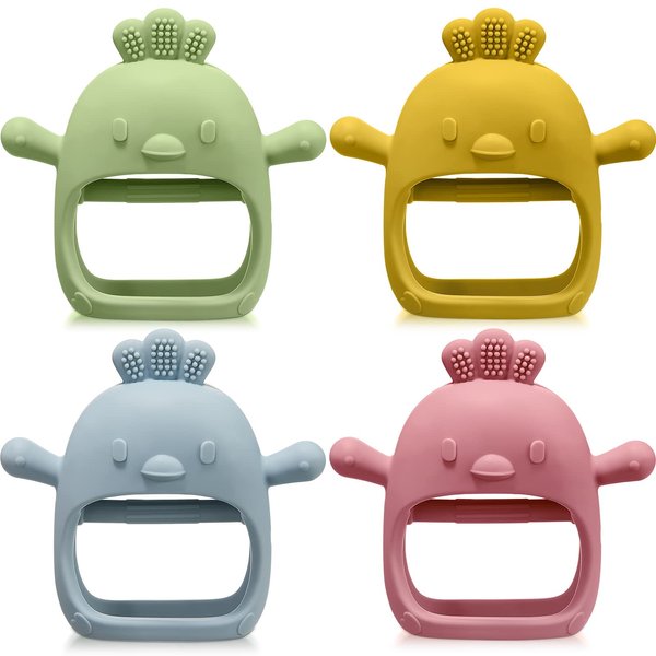 4 Packs Baby Teething Toy Silicone Teething Toys for Babies Over 6 Months Anti Dropping Wrist Hand Teethers Mitten Chick Baby Chew Toys for Sucking Needs