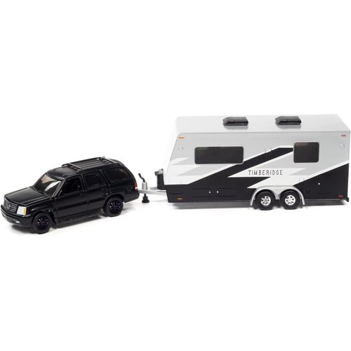 2005 Escalade Matt Black with Camper Trailer Limited Edition to 6012 Pieces Worldwide Truck and Trailer Series 1/64 Diecast Model Car by Johnny Lightning JLBT014-JLSP201B