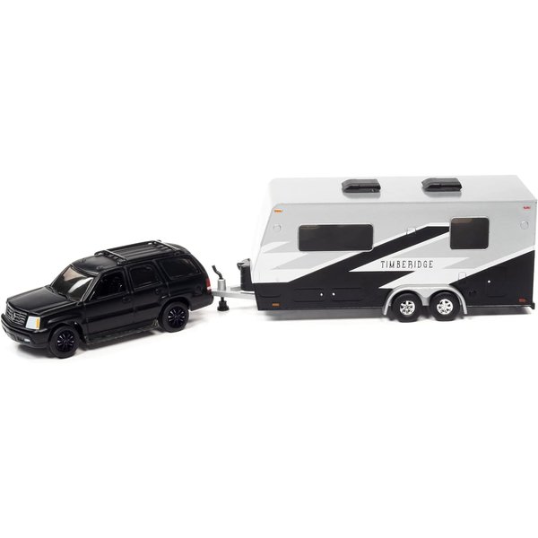 2005 Escalade Matt Black with Camper Trailer Limited Edition to 6012 Pieces Worldwide Truck and Trailer Series 1/64 Diecast Model Car by Johnny Lightning JLBT014-JLSP201B