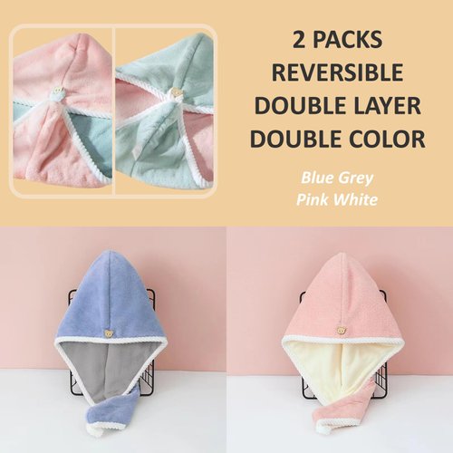 ALPELA Microfiber Hair Towel Wrap for Women, 2 Pack Coral Velvet Turban, Anti Frizz Quick Drying Hair Turban, Super Absorbent Fast Dry for Curly Thick Long All Hair Style Types, Pink White & Blue Grey