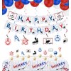 Hockey Birthday Party Supplies, Ice Hockey Themed HAPPY BIRTHDAY Banner, 7 Hanging Swirls, 1 Table Cloth, 10 Cake Toppers, 30 Balloons for Kids, Hockey Fans Birthday Party Decorations (Banner)