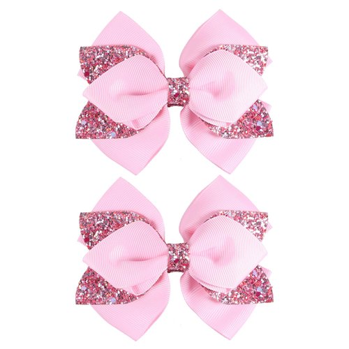 4" Glitter Pink Ribbon Hair Bow Clips Sparkly Sequins Alligator Barrettes Hairpin Toddler Teen Girls Birthday Wedding Xmas Party Dress Outfit Decor Accessory Kids Back School Gift