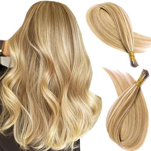KiiKiiGirl Remy I Tip Hair Extensions Human Hair #18/613 Dark Blonde Highlighted Bleach Blonde Real Itip Human Hair Extensions 14Inch Pre Bonded I Tips Human Hair Extensions 30G/Pack