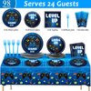 gisgfim Video Game Party Supplies Tableware Set for 24 Guests Gaming Party Birthday Plates Blue Gamer Party Decorations Includes Plates, Napkins, Tablecloths