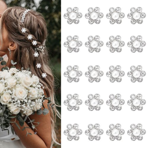 YISSION 20Pcs Mini Rhinestone Flower Hair Clips Cute White Pearl Hair Pins Small Decorative Hair Clips Wedding Hair Barrettes Bridal Hair Accessories for Girls Women