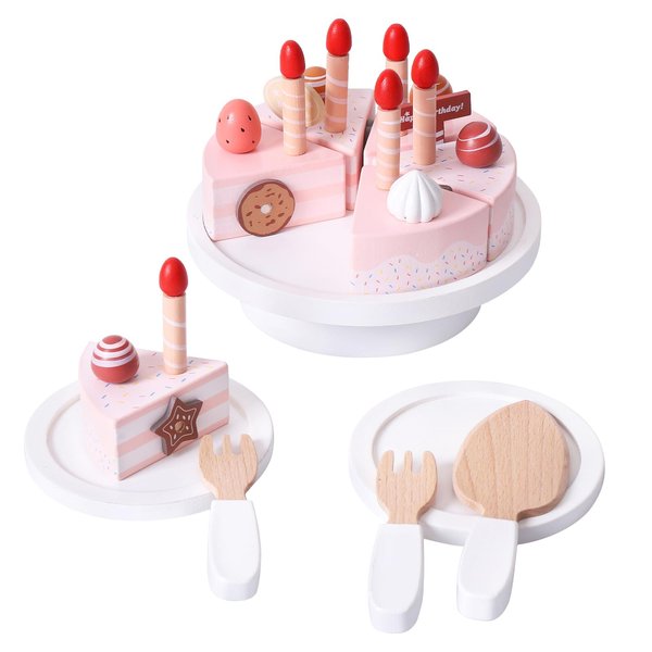 Wooden Birthday Cake Toys, DIY Pretend Play Food for Kids, Tea Party Fake Cake with Candles Plates Fork and Knife for Toddlers Ages 3 4 5 6 7 Years Old Boys Girls Gifts