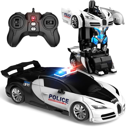 SnowRap Remote Control Transforming Car, One-Click Becoming Robot Remote Control Car for Boys, Demo Mode, 360° Rotation, Easy to Use, 2.4GHZ, with LED Lights, RC Cars for Christmas Day, Kids, White