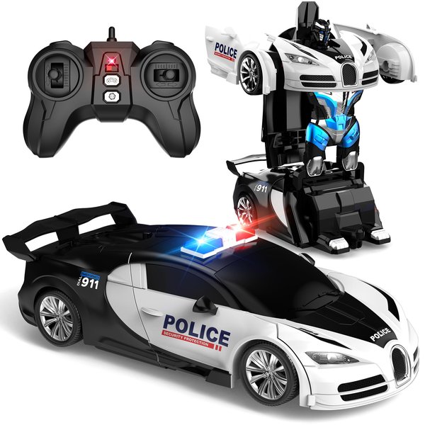 SnowRap Remote Control Transforming Car, One-Click Becoming Robot Remote Control Car for Boys, Demo Mode, 360° Rotation, Easy to Use, 2.4GHZ, with LED Lights, RC Cars for Christmas Day, Kids, White