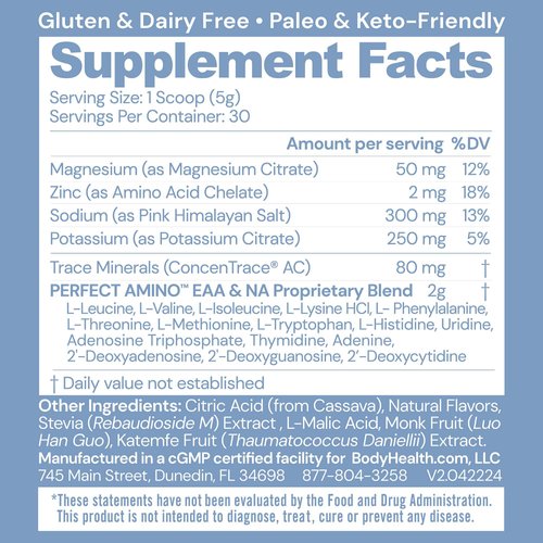 BodyHealth PerfectAmino Electrolytes Powder, Hydration Powder, Sugar Free Electrolyte Drink Mix, Keto Electrolytes Powder, Non GMO, Mixed Berry Flavor (30 Servings)