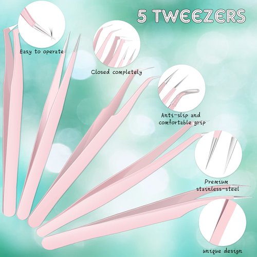 5 Pcs Eyelash Tweezers Eyelash Extension Tweezers Lash Volume Tools with Box Stainless Steel Extensions Lash Tweezers Pointed Lash Tweezers Set for Eyelash Extension Skilled (Pink)