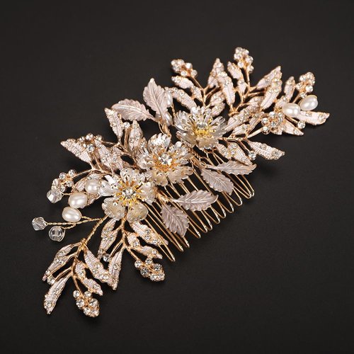 Teyglen Flower Wedding Hair Comb Gold Leaf Headpiece Bridal Flower Rhinestone Pearl Side Comb Handmade Hair Piece Hair Accessories for Women Girls (Gold)