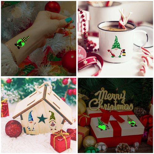 24PCS Glow in the Dark Christmas Gnome Temporary Tattoos, Birthday Party Decorations Favors Supplies Decor, Luminous Colorful Xmas Winter Tattoo Stickers Gifts For Boys Girls Classroom School Prizes