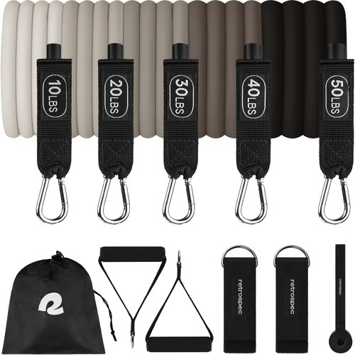 Retrospec Train Resistance Bands Set (5pc) Workout Bands w/Handles, Door Anchor, Carry Bag for Women & Men, Cobblestone