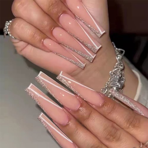 MERVF Coffin Press on Nails Extra Long Nude Fake Nails Glitter French Tip Ballerina Acrylic Nails Glossy 24pcs False Nails Press ons Luxury Glue on Nails