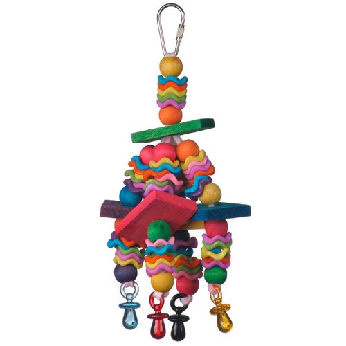Super Bird Creations SB736 Wiggles and Wafers Bird Toy - Interactive Enrichment for Parrots, Quakers, Caiques, Pionus, Senegals - Wooden, Acrylic Beads, Pacifiers - Medium Bird Size, 3” x 5” x 9”