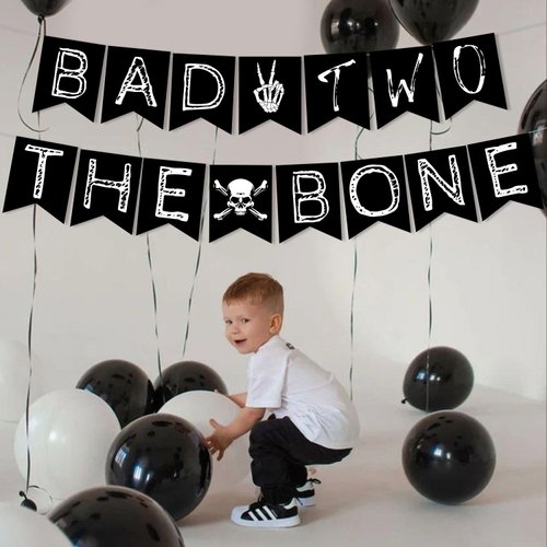 Bad Two the Bone Banner, 2nd Birthday Party Decorations, Rock N Roll Bone Skull Second Birthday Decoration, Born to Rock Music Theme 90s Birthday Party Supplies Black for Boys Kids