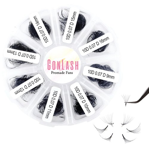 GON Lash 1000 Fans Tray Volume Lash Extensions Mixed length | Premade Fans Eyelash Extensions | Mega Lash Extension | Promades Eyelash Fans | 10D, CC Curl, 9-16mm