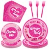 durony 96 Pieces Let's Go Party Supplies Serve 24 Guests Hot Pink Birthday Party Plates Disposable Paper Napkins Forks Bachelorette Decorations for Birthday Disco Pink Girl Party Decorations