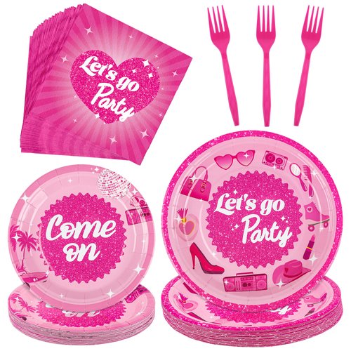 durony 96 Pieces Let's Go Party Supplies Serve 24 Guests Hot Pink Birthday Party Plates Disposable Paper Napkins Forks Bachelorette Decorations for Birthday Disco Pink Girl Party Decorations