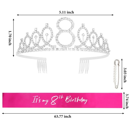 CAVETEE Silver 8th Birthday Sash and Crown for Girls 8th Birthday Tiara and Sash Set Silver Happy Birthday Decorations for 8th Birthday Gifts