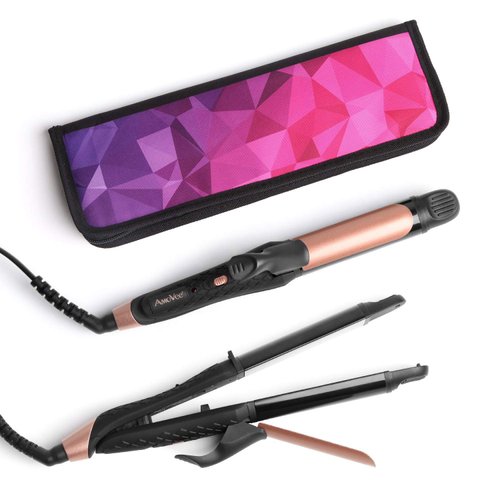 AmoVee Travel Curling Iron, Hair Straightener and Curler in One, Flat Iron Curling Iron in One, Dual Voltage Europe Travel Essentials for Women(Black)