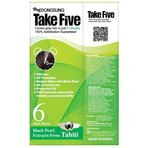Dongsung Take Five Hair Dye Color #6 Dark Brown Covers Gray Hair Just in 5 Minutes Pearl Extract, Ammonia Free, No Odor, UV Protection