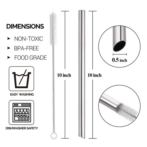 [Angled Tips] 5 Pcs 10" Reusable Boba Straws & Smoothie Straws, 0.5" Wide Stainless Steel Straws, Metal Straws for Bubble Tea/Tapioca Pearl, Milkshakes, Jumbo Drinks | 2 Cleaning Brushes & 1 Case