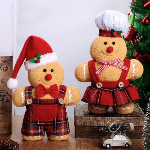 BWFY Set of 2 Christmas Decorations Indoor Gingerbread Man with Chef Hat Bowknot for Christmas Ornament Home Decor Gingerbread Doll for Gift Door Window Table Tree Holiday Xmas Season Decor