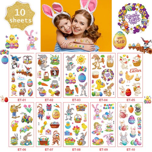 10 Sheets Easter Temporary Tattoos for Kids,Egg Rabbit Face Body Stickers Tattoos Waterproof Party Accessories for Girls Boys Easter Day Party Decorations (Style Two)