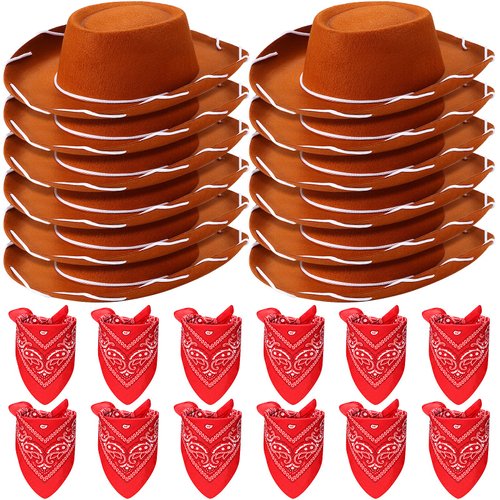 24 Pieces Cowboy Hats and Bandanas for Kids Western Cowboy Costume Hat Accessories for Toddler Child Western Theme Birthday Party Supplies Halloween Costume Dress(Brown, Red)
