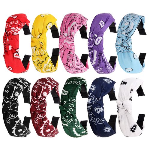 TOBATOBA Knotted Paisley Hair Bandanas - 10 Pack Wide Turban Headbands, Vintage Boho No Slip Fashion Headbands for Women