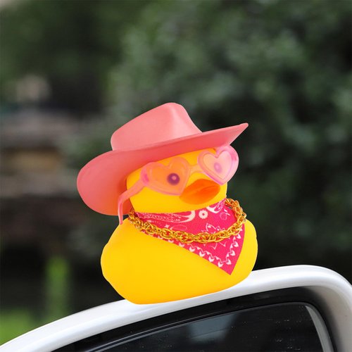 wonuu Car Rubber Cowboy Duck, Yellow Ducks Decoration Dashboard with Cowboy Hat Necklace Sunglasses, Glitter Pink