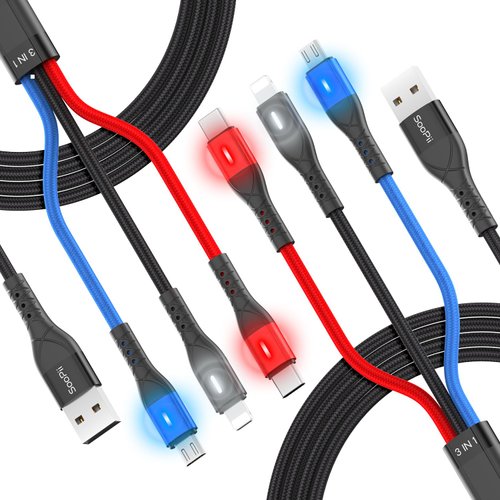 SOOPII Car Carplay Cable with 3 Colors LED Indicator,Nylon Braided 3 in 1 Multi Charging Cable 2.0m/6.6ft with lPhone/Type C/Micro USB Port for lPhone 14/Plus/Pro Max& Galaxy S24 and More(2 Pack)