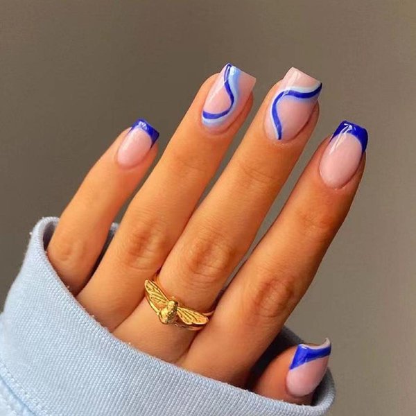 Foccna Square Press on Nails Acrylic French Fake Nails Short Swirls Cute Women's Blue False Nails Daily Wear Artificail Nails for Women&Girls, 24PCS