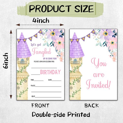 Sahjzk Floral Castle Style Fill-In Birthday Invites(4"x6"), Princess Birthday Invitations with Envelopes(20-Pack), Birthday Party Supplies for Girls, Teen, Kids-A10