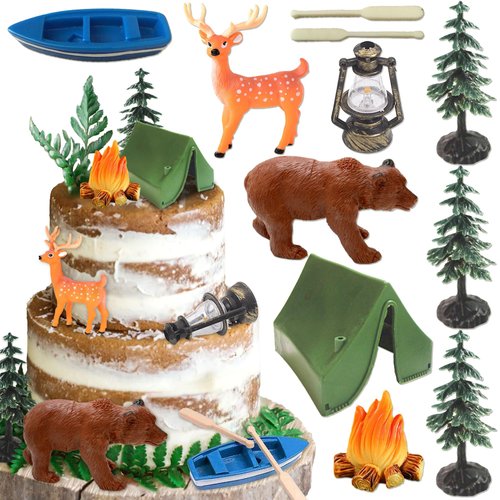 Camping Party Cupcake Toppers Tree Bear Tent Cupcake Picks Happy Camping Cake Decorations for Cam...