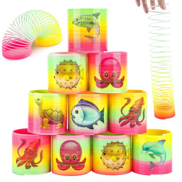 Rainbow Magic Spring, 12Pcs Colorful Plastic Springy Toys Fidget Toys Walking Toy Circle Shaped Coils Party Favors Gift Stocking Stuffers for Boy Girl Children Kids (Ocean Animal)