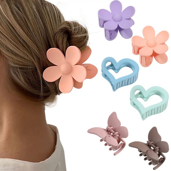 HAIMEIKANG 6 PCS Hair Clips - Matte Flower, Heart, Butterfly Hair Claw Clips for Women Girls - Non-Slip and Strong Hold for Thin/Medium/Thick Hair