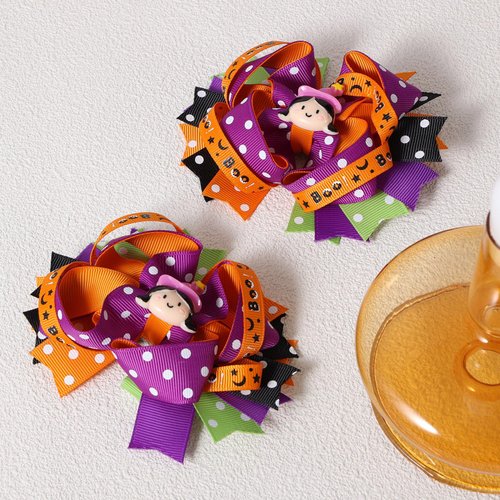 2pcs Halloween Ribbon Hair Bow Clips for Girls 4.3in Halloween Witch Costume Hairbow Barrette Alligator Hairpins Teens Toddler Kids outfit Dress up Party Decor Accessories