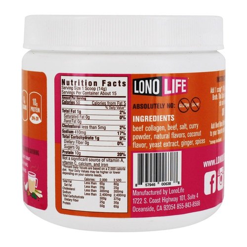 LonoLife Thai Curry Beef Bone Broth Powder Mix | Grass-Fed, 10g Protein | Collagen-Rich, Keto & Paleo Friendly | Natural Ingredients | 8oz Bulk Container (15 Servings)