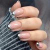 Tyuimhx Silver French Tip Press on Nails Short Oval Fake Nails Silver Line False Nails Full Cover Stick on Nails Acrylic Glossy Artificial Nails for Women Glue on Nails 24Pcs