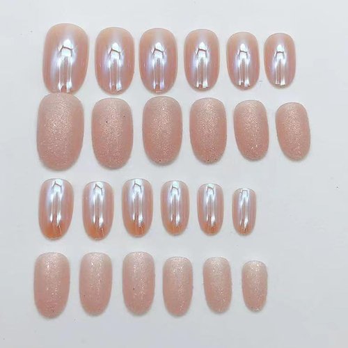 RUPOFUZA Almond Press on Nails Short Round Fake Nails Chrome Gloss False Nails with Glitte Powder Designs Acrylic Nails Press on Artificial Nails Stick on Nails for Women 24Pcs